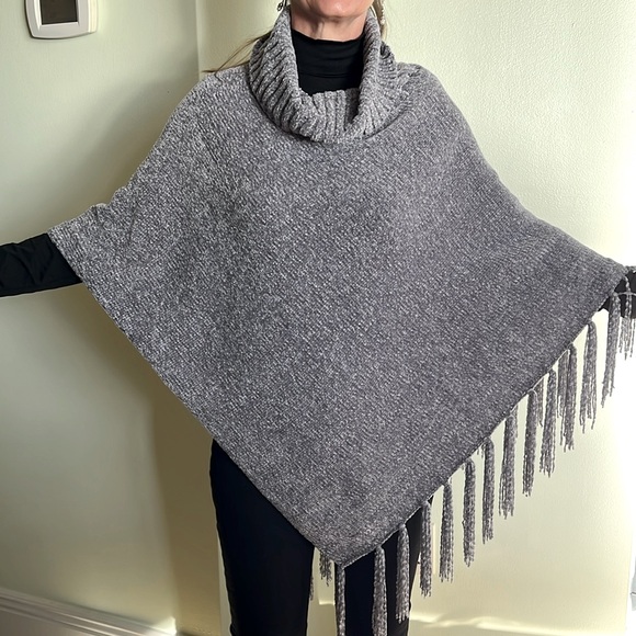 Britt'S Knits Jackets & Blazers - Gray Poncho with Fringe